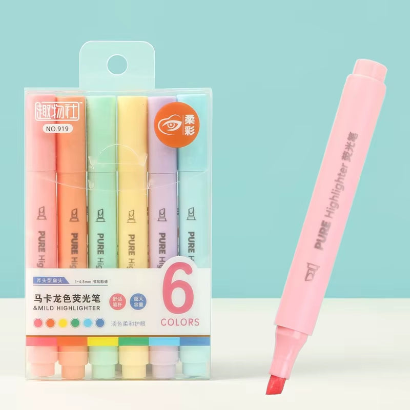 6Pcs/Set Pastel Color Macaron Highlighter Pen Marker Pens Fluorescent Pen Drawing Highlighters Cute Stationery School Supplies